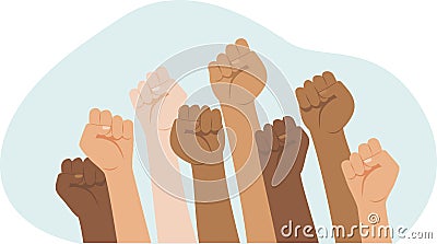 Protesters hands. Multiracial fists hands up vector illustration. Concept of unity, revolution, fight, cooperation Vector Illustration